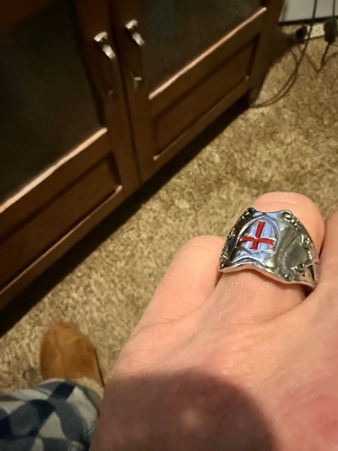 Customer photo review of FREE Today: Medieval Style Red Cross Shield Ring with Knightly Design and Engraved Details