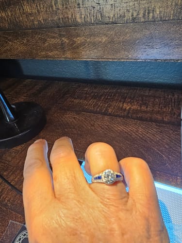 Customer photo review of Vintage Halo Moissanite With Blue Sapphire Engagement Ring