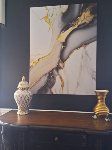 Customer's Gold & White Ginger Jar with a lattice pattern displayed on a dark wood console table.