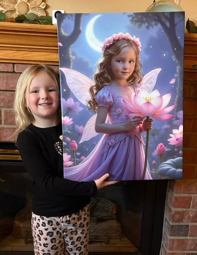 Customer happily holding her personalized Fairy Bloom portrait, which depicts her as a fairy in a moonlit forest.