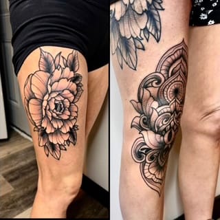 Reviewer shows two large leg tattoos, a floral and a mandala piece, after using the Painless Tattoo Numbing Cream before their session.