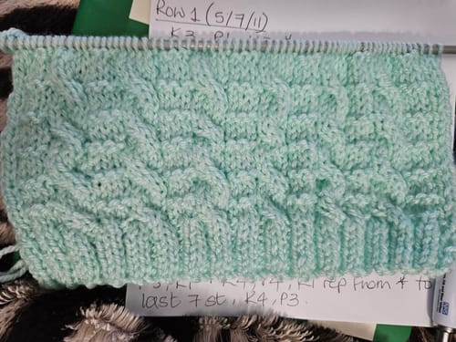 Reviewer's knitting in progress using the Home Sweet Home kit. A textured, light green piece is on the needles with notes behind.