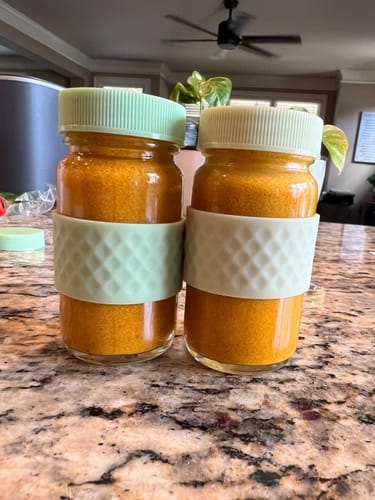 Customer photo review of Glass Juice Shot Bottles Set, Colored Lids & Grip Bands