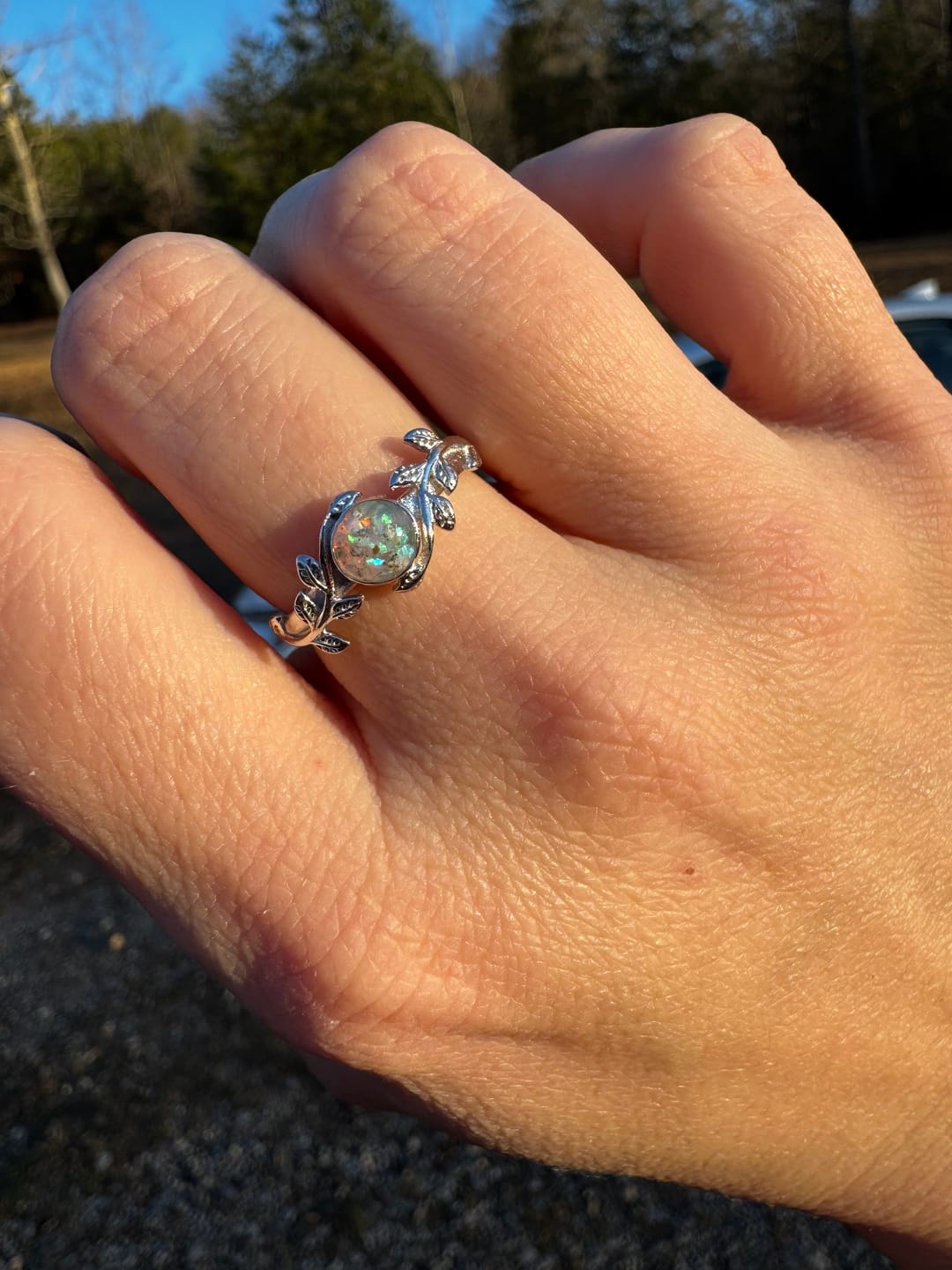 Customer photo review of Leaf Opal Cremation Ring