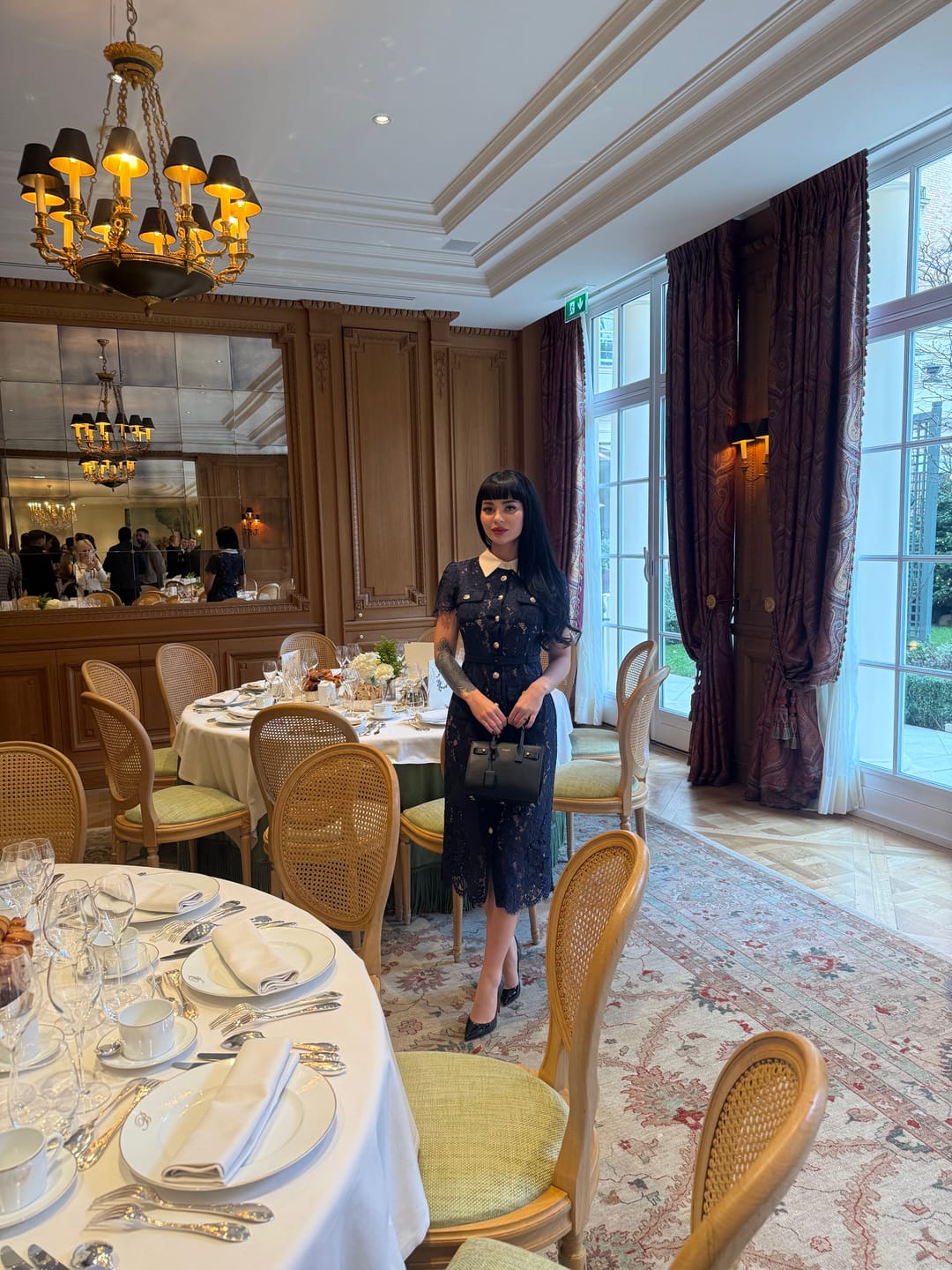 Customer photo review of Floral Lace Midi Dress with Tailored Collar and Belted Waist - Navy