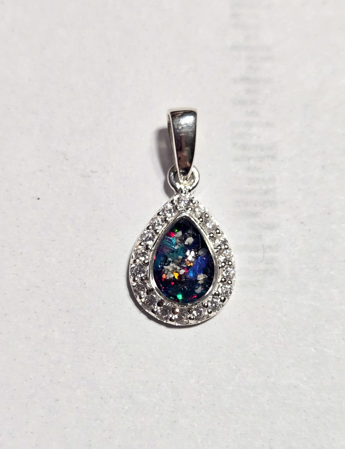 Customer photo review of Dainty Bedazzled Drop Pendant with Cremation Ashes
