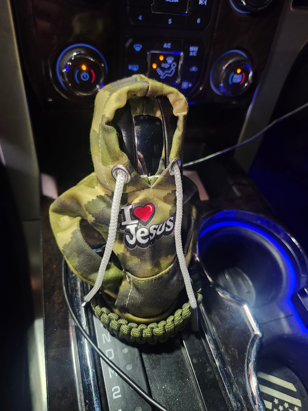 Customer photo review of FREE Today: I Love Jesus Hoodie Gear Shift Cover: Your Unique Faith, On the Road