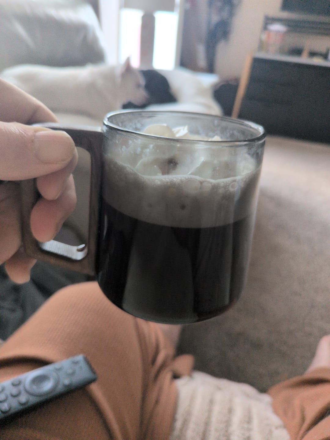 Customer photo review of Smokey Gray Glass Slanted Coffee Cups With Wooden Handle