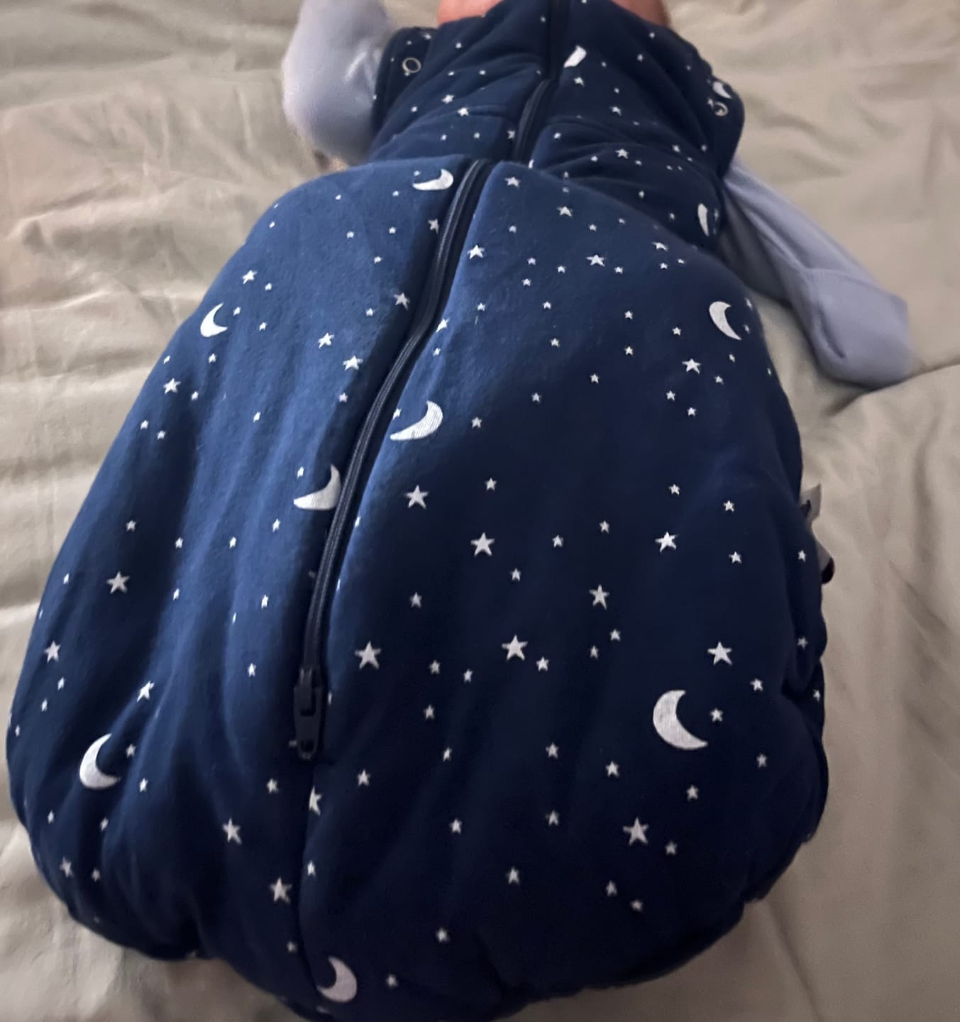 Customer photo review of sleep swaddle bag  blue moon and stars | Newborn | 2.5 Tog