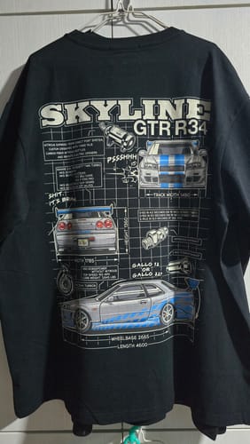 Customer's black Skyline Project T-Shirt showing the detailed car blueprint graphic on the back.