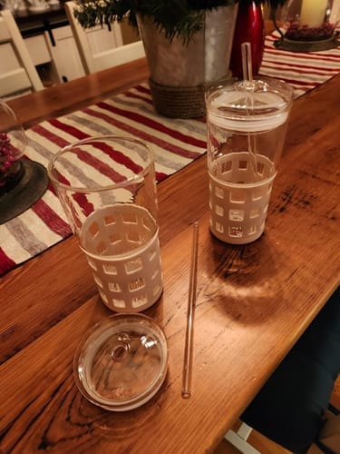 Customer photo review of Glass Drink Tumblers with Lid, Straw & Silicone Sleeve