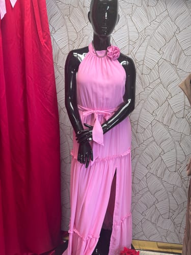 Customer photo review of WOMEN'S SLEEVELESS HALTER NECK SIDE SLIT SELF TIE TIERED MAXI DRESS