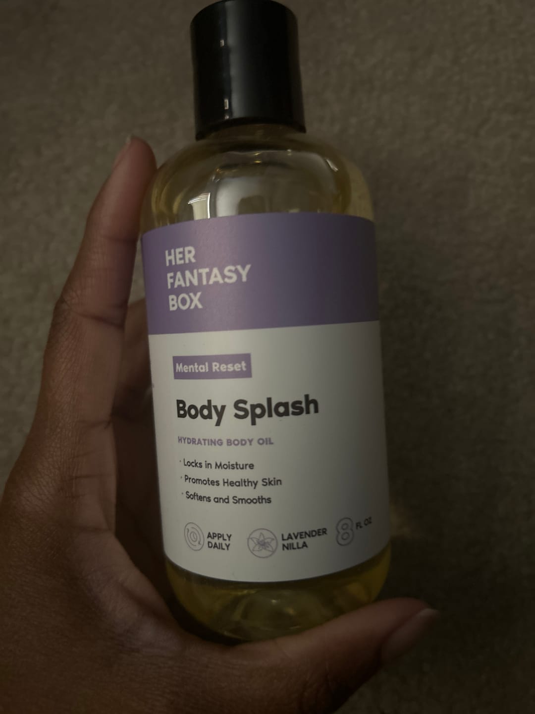 Customer photo review of Body Splash - Skin Smoothing Body Oil (Mental Reset – Lavender & Vanilla CALMING SPA SCENT)