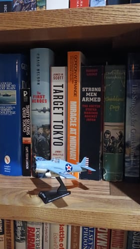 Reviewer's F4F Wildcat model on its display stand, sitting on a bookshelf in front of military history books.