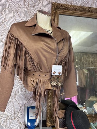 Customer photo review of WOMEN'S LONG SLEEVE ZIPPER CLOSURE FRONT POCKETS FRINGE SELF TIE JACKET