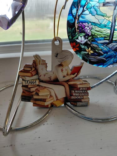 Customer photo review of Personalized "Just A Girl Who Loves Books" Ornament With Name Stack of Books | Sentimental Xmas Gift for Book Lovers Librarian