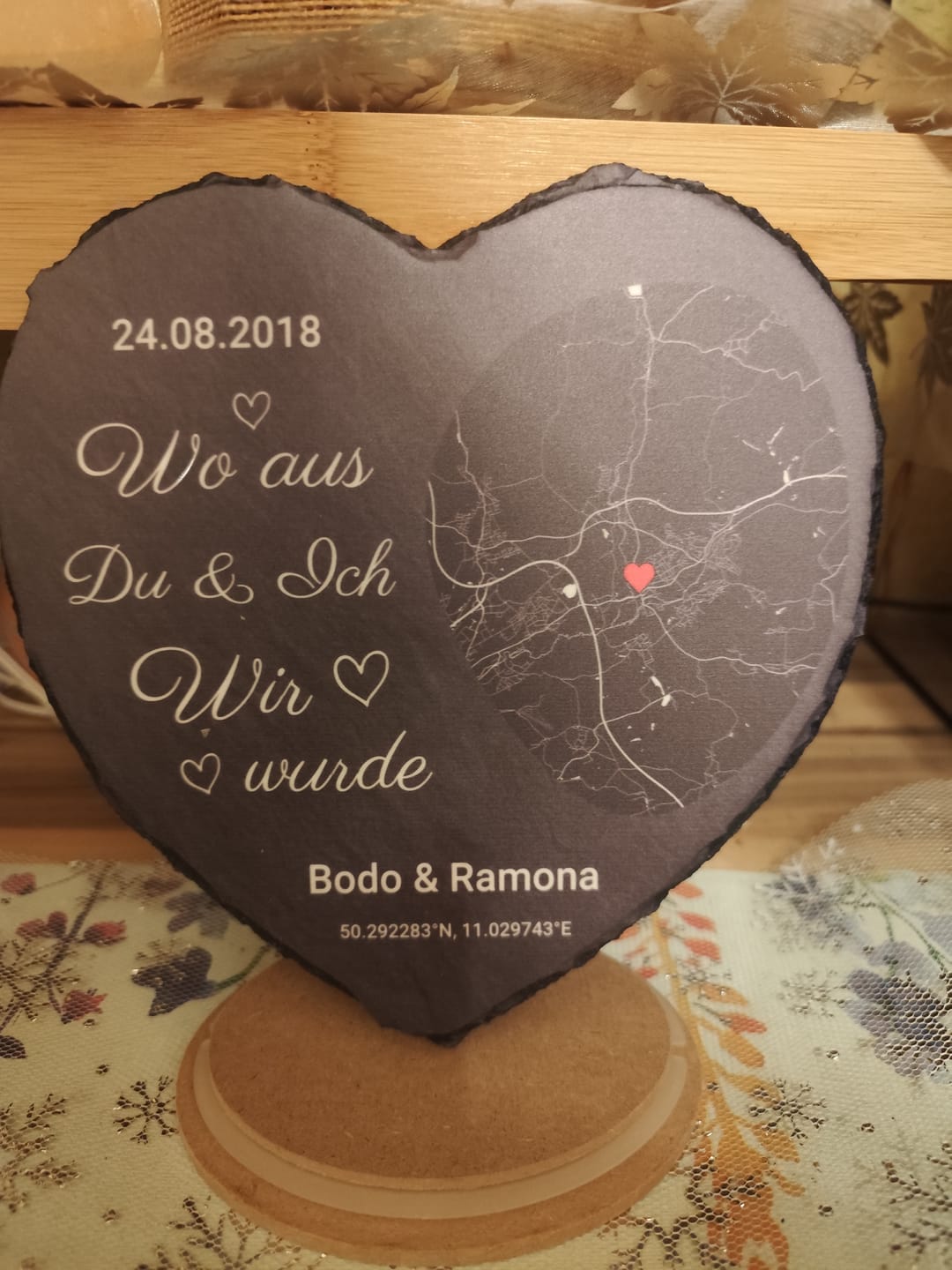 Customer photo review of Wo alles begann - Personalisiertes Schieferherz (15x15)