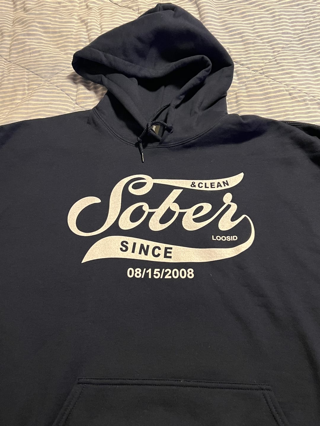 Customer photo review of Recovery Hoodie | Sober Since Men's Hoodie with Custom Sobriety Date