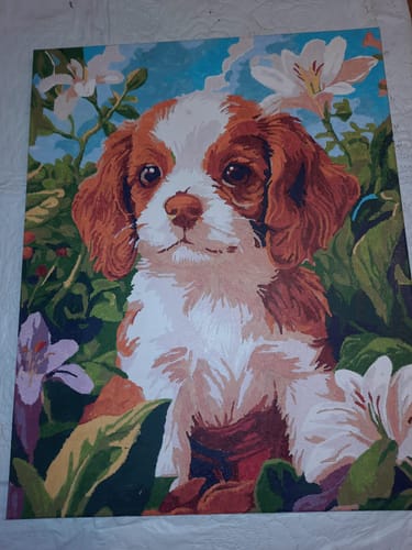 הציור הגמור של לקוח/ה מערכת צביעה לפי מספרים, המציג כלבלב חום-לבן בין פרחים.