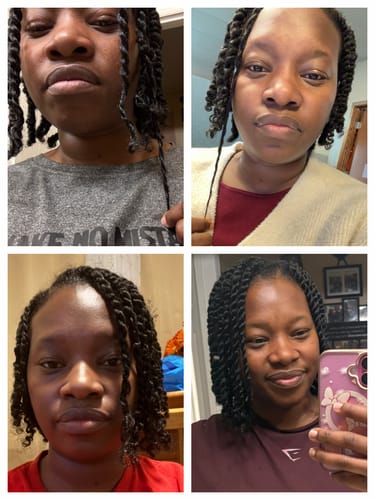 Reviewer's four-photo collage showing hair growth progress in dark, healthy twists after using the hair care bundle.