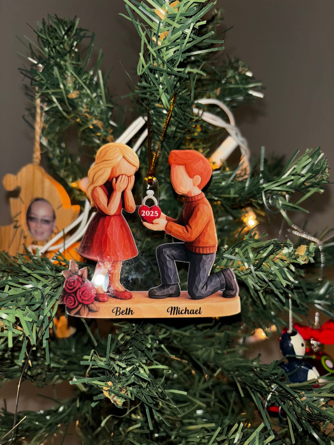 Customer photo review of Couple Marriage Proposal - Personalized Acrylic Ornament - Newly Engaged Gift, "She Said Yes!" Ornament, Just Engaged Gifts for Couples