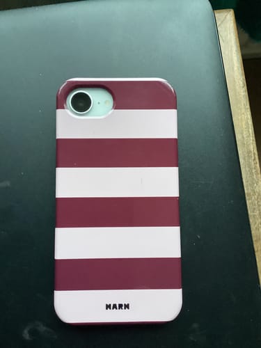 Customer photo review of iPhone 16e Tough Case – Cranberry Stripe