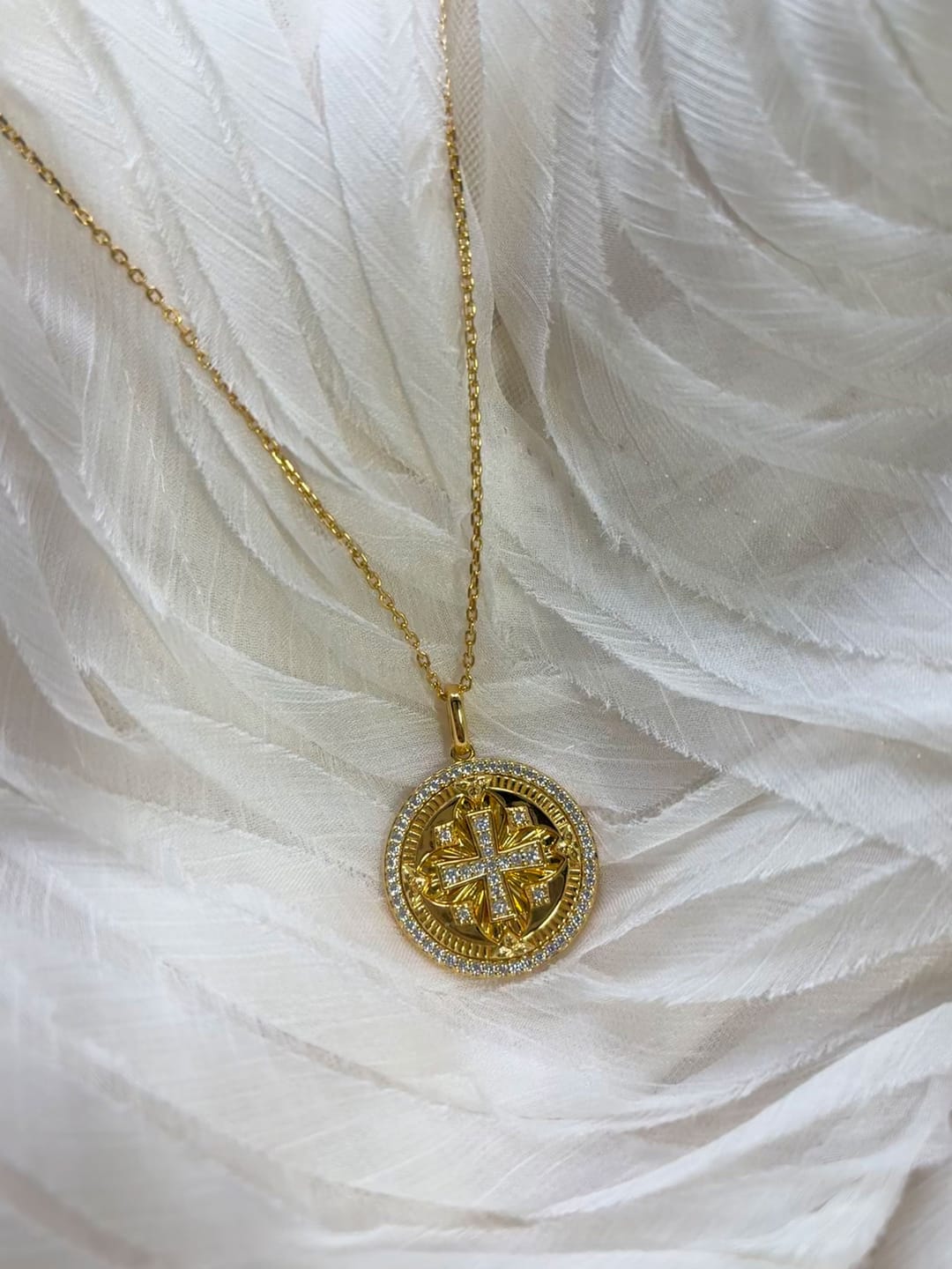 Customer photo review of Divine Radiance Cross Protection Prayer Medallion Pendant Necklace - Gold Vermeil