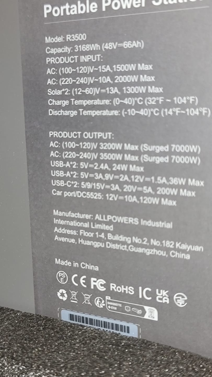 Customer photo review of ALLPOWERS R3500 Home Backup Power Station 3200W 3168Wh