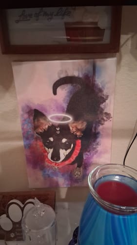 Customer's memorial watercolor pet canvas showing a small black dog with an angel halo against a colorful background.