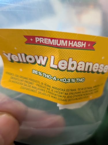 Customer's close-up of the Yellow Lebanese THCA HASH packaging, showing the yellow label with '26% THC-A'.