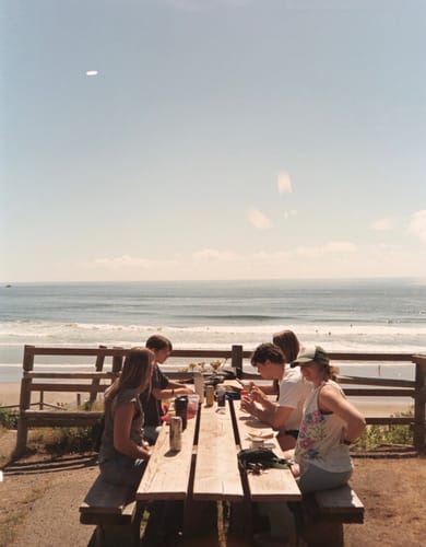 Customer's photo of a group at a beach picnic, edited with DIGITAL NOSTALGIA LIGHTROOM PRESETS for a soft, vintage look.
