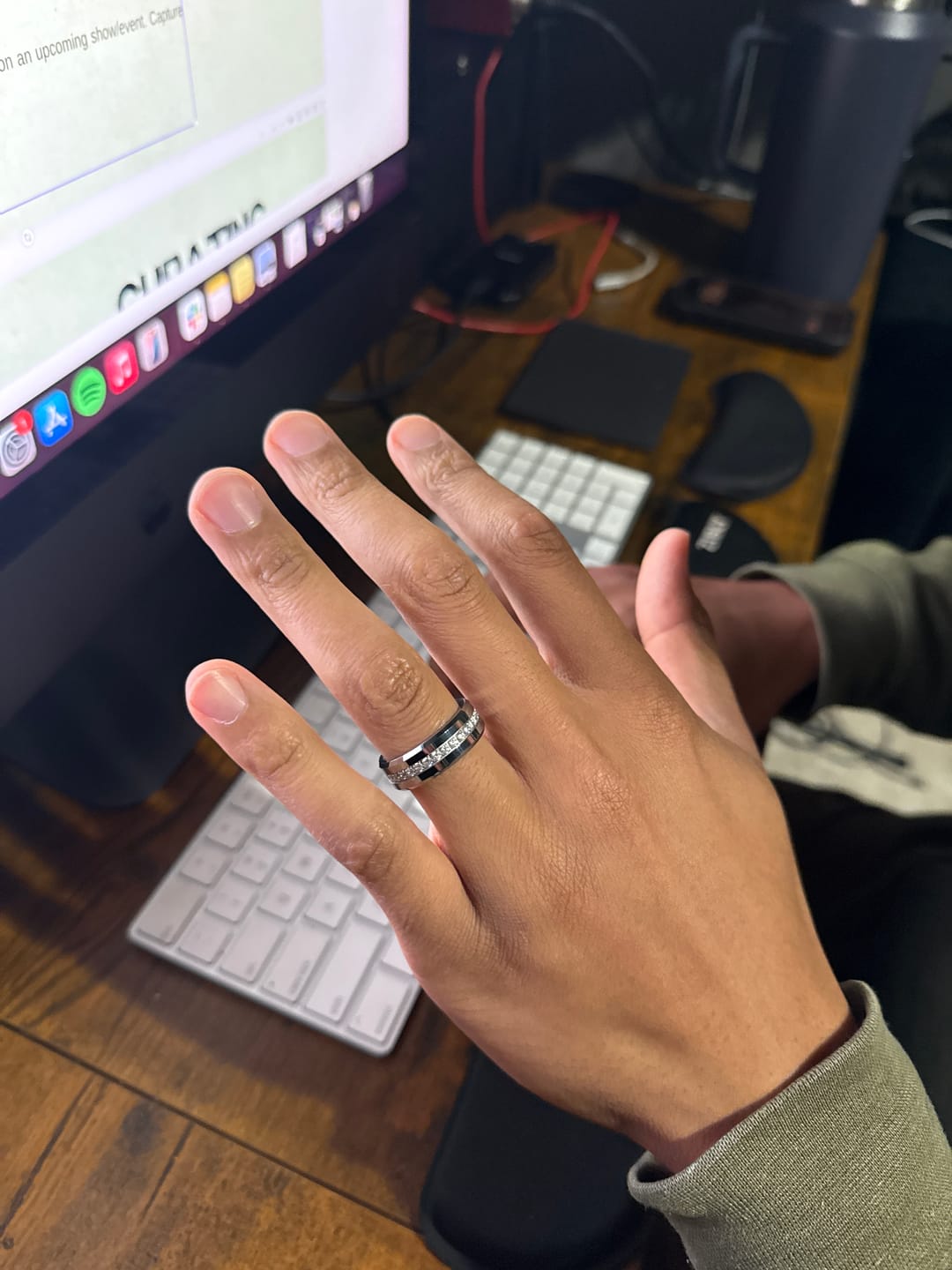 Customer photo review of 8mm - Tungsten Carbide Wedding Band Fully Stacked Cubic Zircon Beveled Edge Comfort Fit