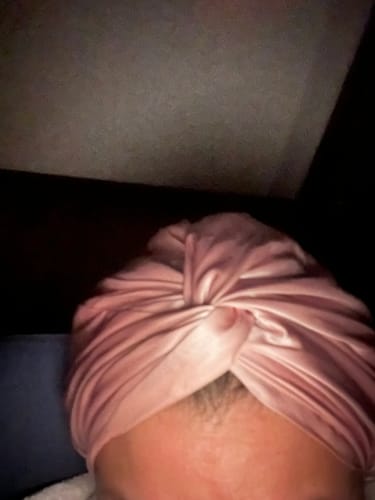 Customer photo review of Organic Silk Hair Bonnet