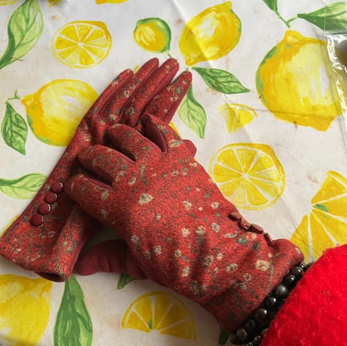Reviewer's hand wearing a red floral fashion glove, with the other glove lying beside it on a table.