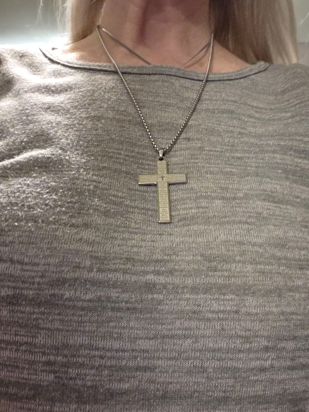 Customer photo review of FREE Today: Stainless Steel Lord's Prayer Necklace Accented with Cross for Blessings