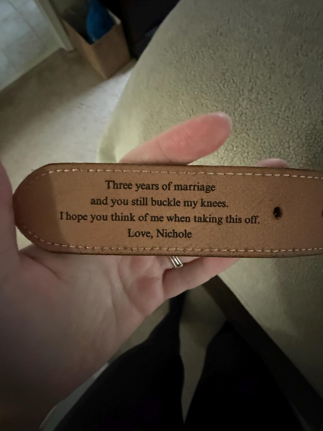 Customer photo review of Personalized Leather Belt for Anniversary - Handcrafted Custom Belt for Him