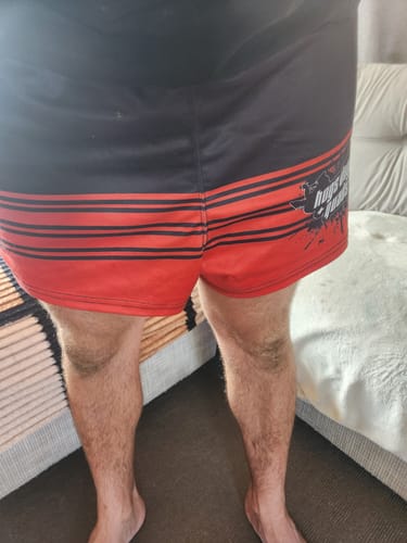 Customer photo review of Footy Shorts - Black & Red Stripe