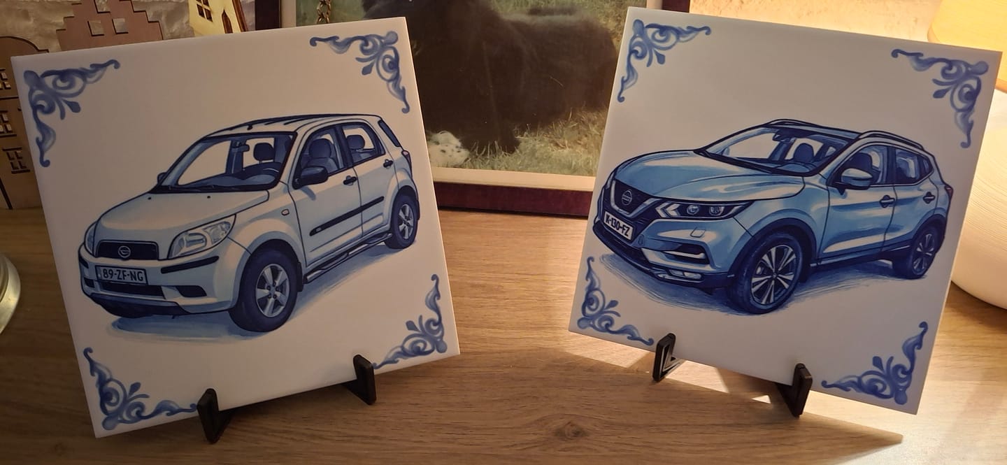 Customer photo review of Delfts Blauw tegeltje bedrukken met eigen auto