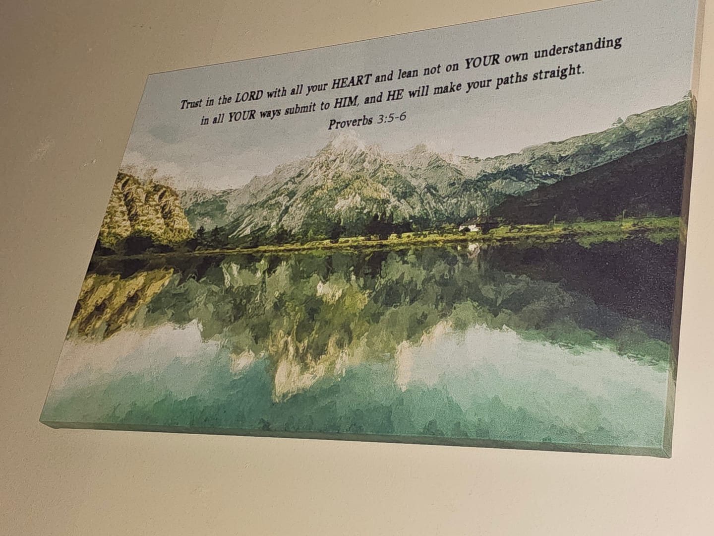 Customer photo review of Mountain Lake, Proverbs 3:5-6 Trust In The Lord With All Your Heart, Christian Wall Art Canvas