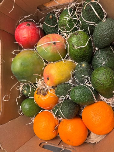 Kunde zeigt die offene Mango-Avocado Bio Box mit bunten Mangos und frischen Avocados.