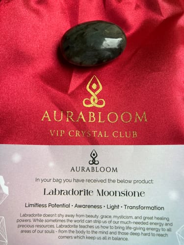 Customer's Labradorite Moonstone crystal from the VIP Crystal Club with its red pouch and info card.