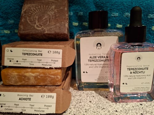 Reviewer's Mexican Skincare Bestseller set, including bar soaps, a hydrating toner, and a regenerating serum.