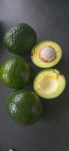 Rezensent zeigt die großen Reed Avocados. Eine aufgeschnittene Avocado enthüllt das gelbe, butterzarte Fruchtfleisch.