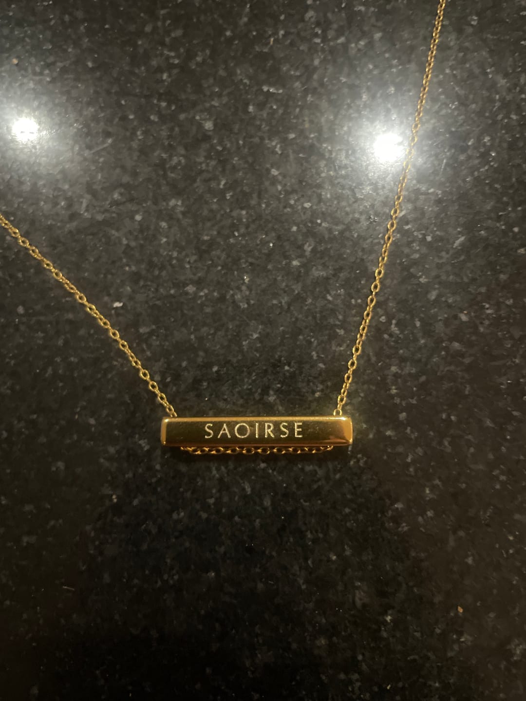 Customer photo review of 3cm Letter Bar Necklace in Gold Horizontal