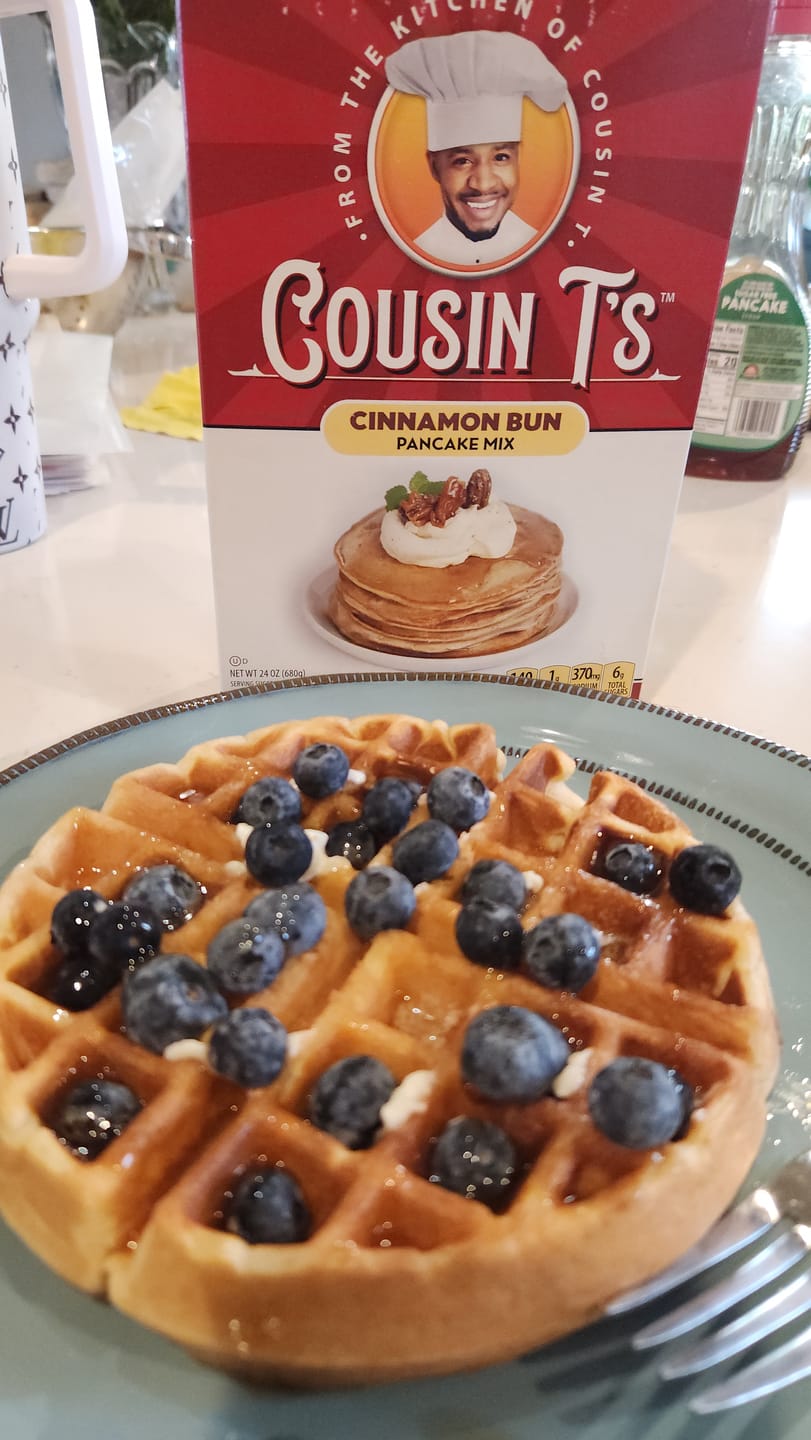 Customer photo review of Cousin T's Gourmet Cinnamon Bun Pancake Mix