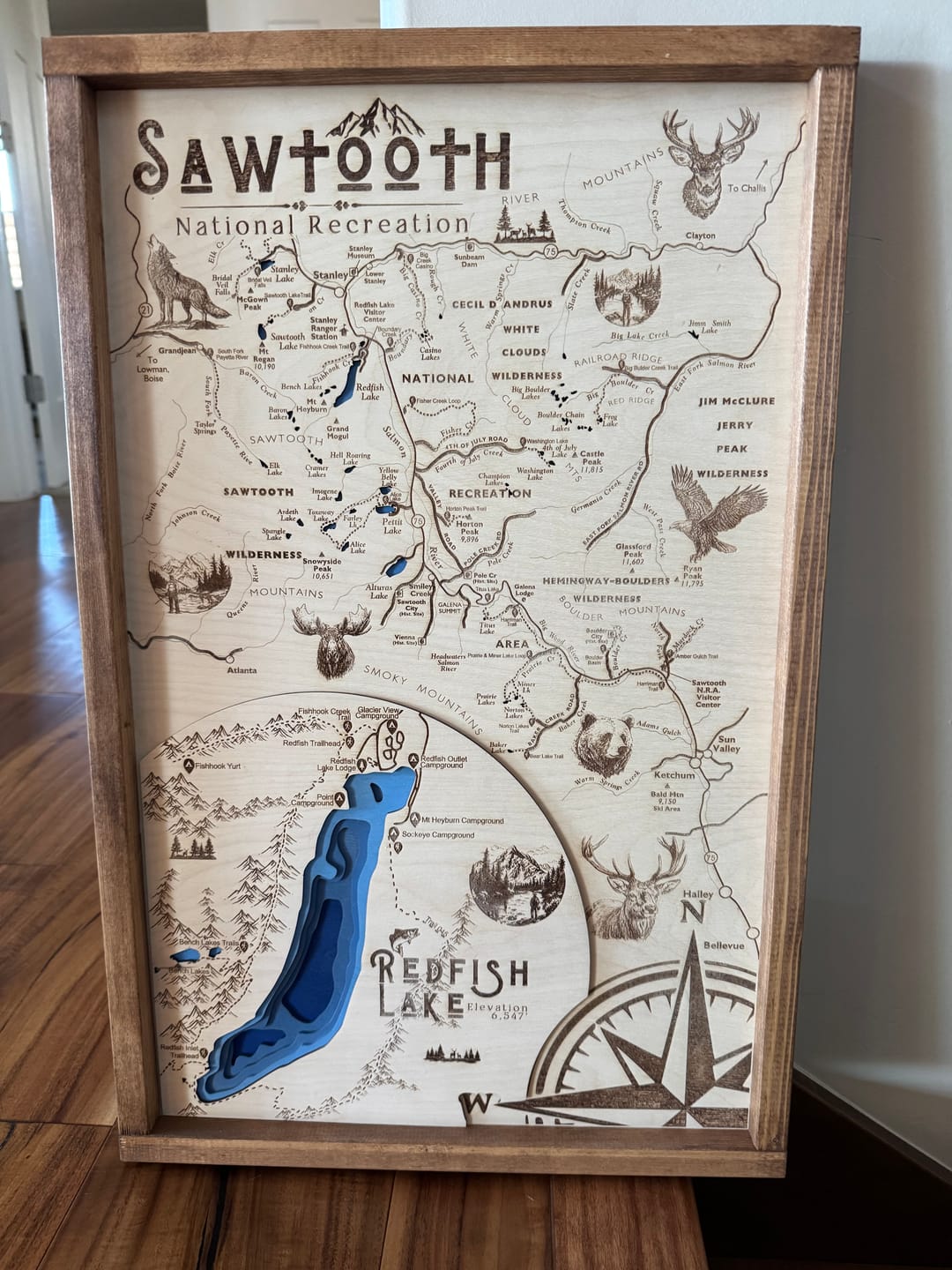 Customer photo review of Sawtooth National Recreation Topo Map Sign | Laser Engraved & Framed Wall Art
