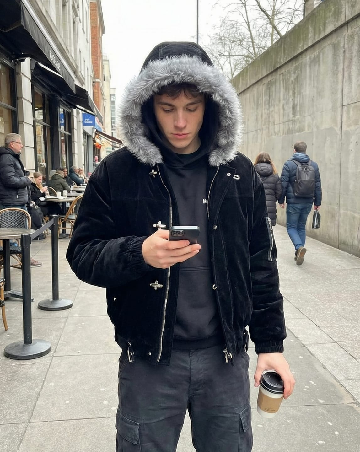 Customer photo review of Streetwear Metal Clip Faux Fur Hooded Suede Bomber Jacket