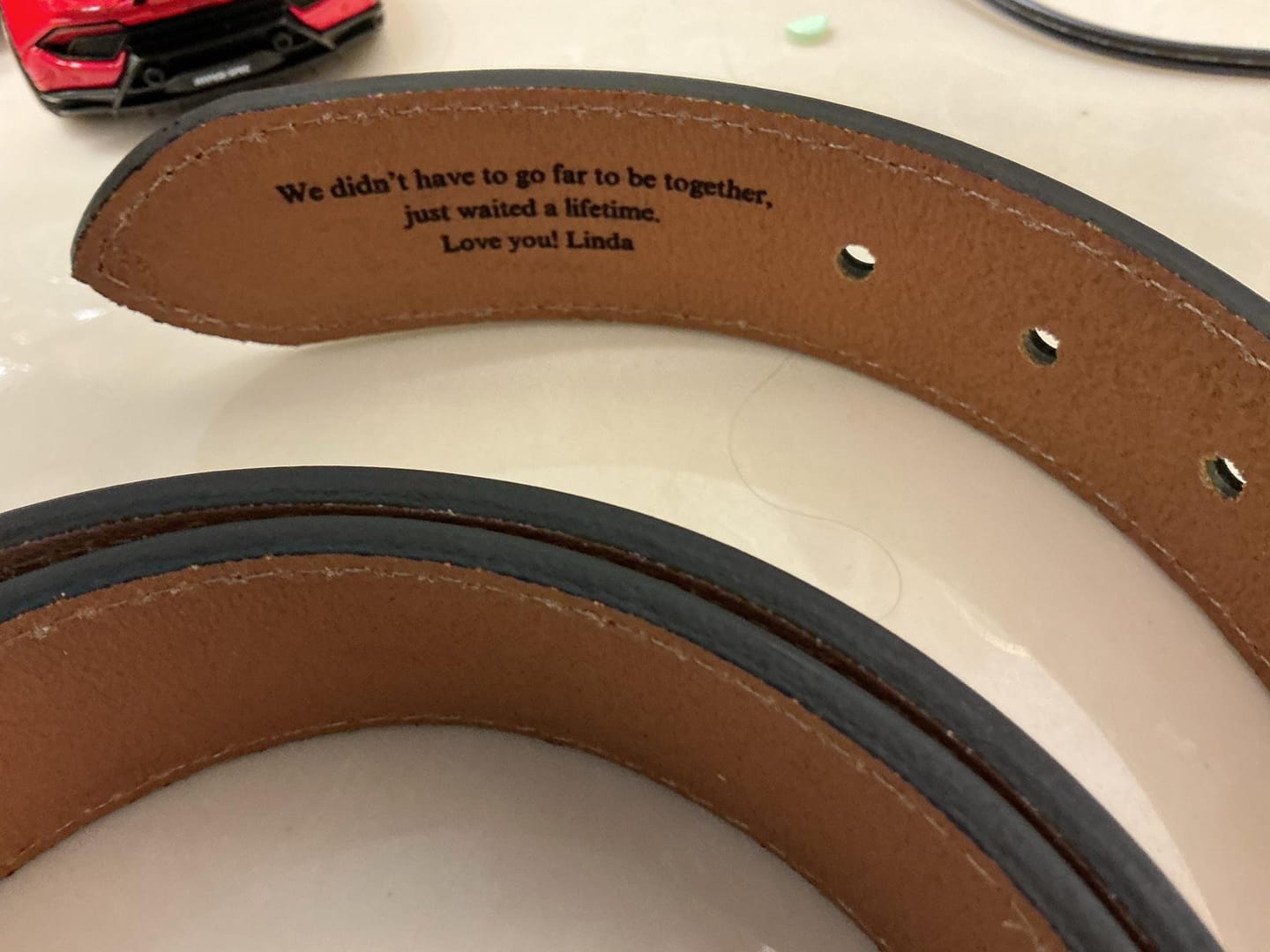 Customer photo review of Personalized Leather Belt for Anniversary - Handcrafted Custom Belt for Him