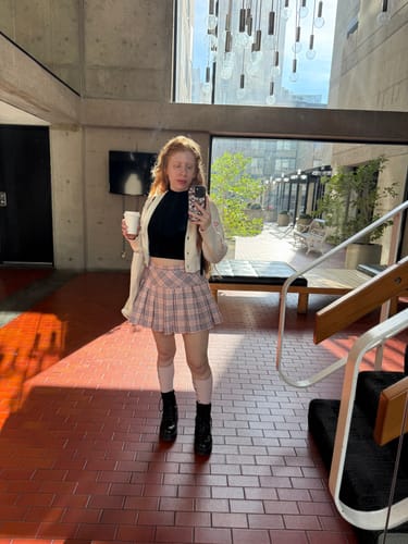 Customer photo review of Girly Plaid Pleated High Rise Skirt (Pink)