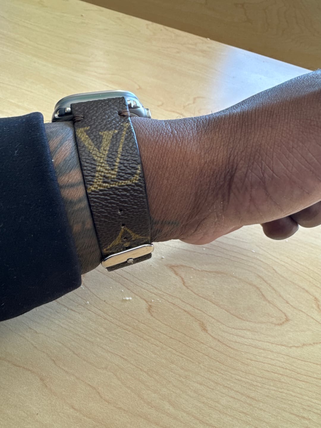 Customer photo review of Handmade Re-Purposed Double Turn Classic Brown Monogram Band for Apple Watch Series 1-10